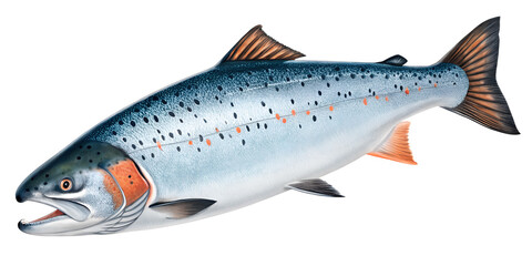 Fototapeta premium Fresh Whole Atlantic Salmon Fish Side Profile Isolated on White Background