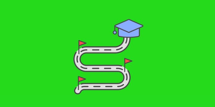 Animated vertical skill pathway roadmap featuring three success flags. A graduation hat moves upward along the path, symbolizing academic progress in a clean 2D flat vector motion loop.
