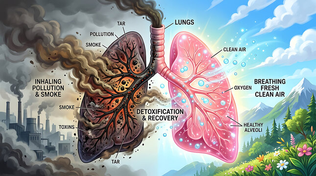 Human lungs contrasting pollution and clean air with industrial and natural environments showcasing detoxification and healthy breathing