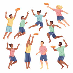 Fototapeta premium Diverse group of active people jumping and catching flying discs in a flat vector illustration style, isolated on white background.