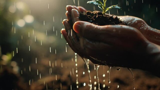 Hands holding fertile soil as a young seedling grows under soft sunlight, symbolizing environmental conservation, sustainable living, organic gardening, and hope for a greener future.