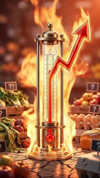 Inflation rising prices economy finance market cost increase crisis heat concept thermometer fire arrow up cracked earth economic crisis market heat cost increase food inflation grocery price hot