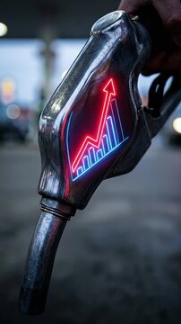 Fuel nozzle rising prices graph neon glow petrol inflation energy cost pressure street night urban hand metal handle closeup detail red arrow gasoline market increase refueling transportation economy