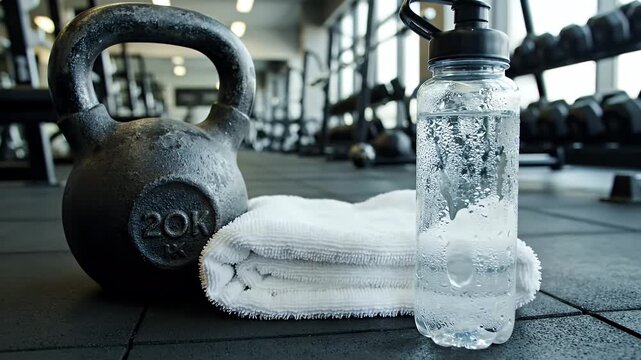 Kettlebell, Towel, and Water Bottle on Gym Floor - A 20 kg kettlebell sits beside a folded white towel and a clear water bottle with condensation on a black gym floor.