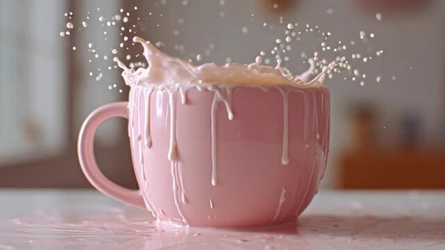 Coffee foam overflowing from a pink ceramic cup and spilling onto a tabletop, creating a messy beverage accident scene with soft studio lighting and realistic liquid motion.
