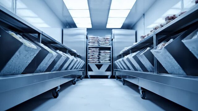A clean, industrial food storage area with metal shelving units filled with packaged items