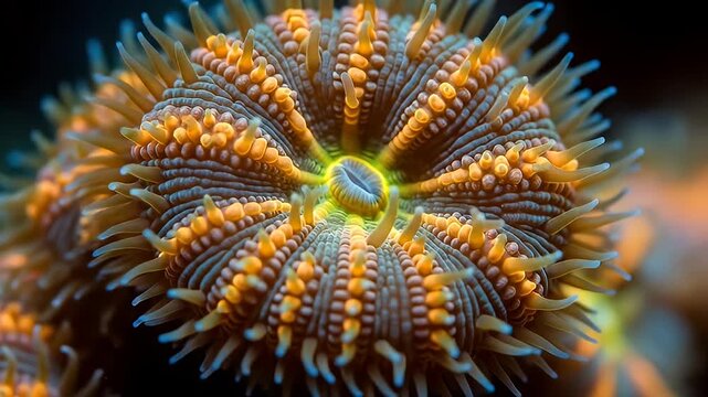Close up of vibrant orange and blue textured coral, focusing on its central opening