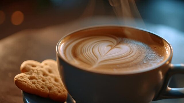 Hot latte coffee with elegant latte art and a butter cookie resting on the cup rim, captured in warm caf&eacute; lighting to create a cozy and inviting coffee moment.