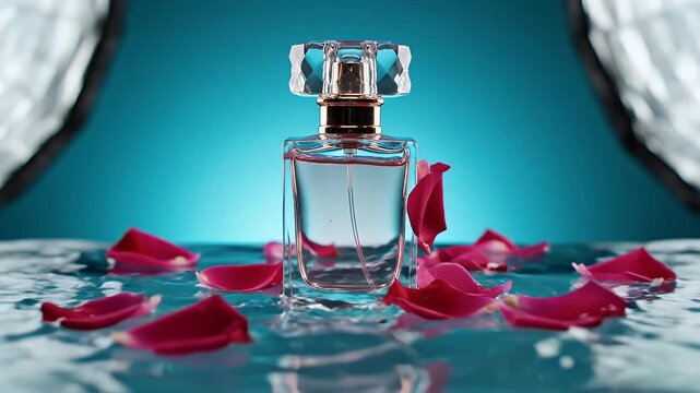 Perfume Bottle with Rose Petals in Water - A crystal perfume bottle is centered amongst splashes of water and scattered pink rose petals. The background is a solid teal color.