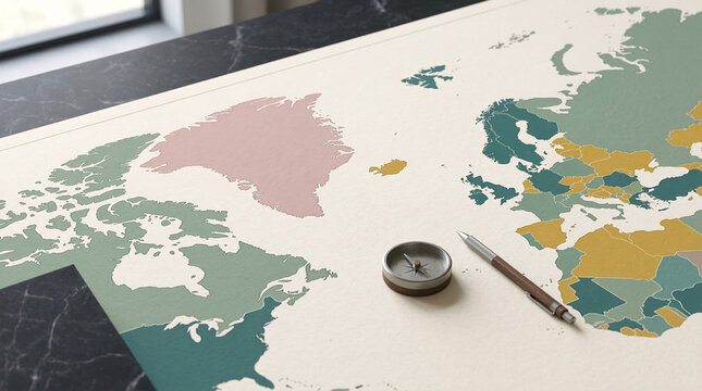 Carte de l&rsquo;Europe avec boussole repr&eacute;sentant l&rsquo;orientation g&eacute;ographique