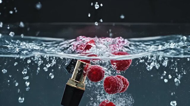 Red Lipstick and Raspberries Splashing in Water - A red lipstick and several fresh raspberries are shown splashing into water.