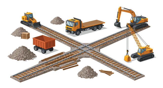 An isometric railway construction site features two intersecting tracks, a yellow bulldozer, a flatbed truck, an excavator, and a crane lifting a block.