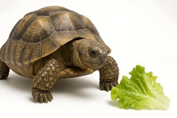 Obraz premium Turtle Tempted by Lettuce Concept Isolated on White