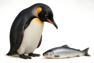 Obraz premium Penguin Tempted by Fish Concept Isolated on White