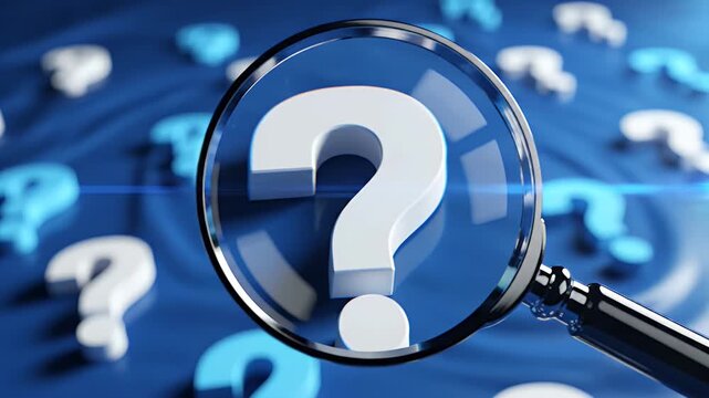 Question Marks Under Magnifying Glass - A close-up shows a magnifying glass focusing on a large, white question mark.