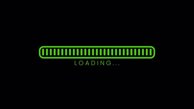Loading progress bar animation video. Green digital loading indicator with filling bar and text on black background