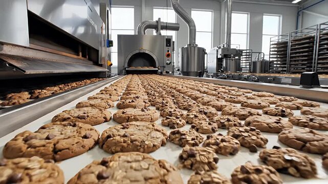 Chocolate chip cookies moving on an industrial conveyor belt in a bakery