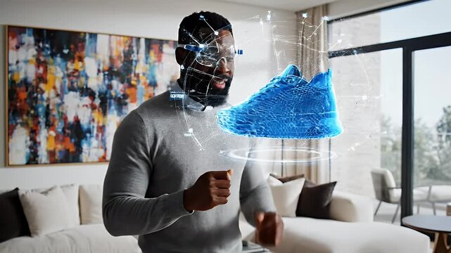 Man Inspecting Holographic Sneaker with AR Glasses - A man in a living room setting uses augmented reality glasses to examine a blue, holographic sneaker.