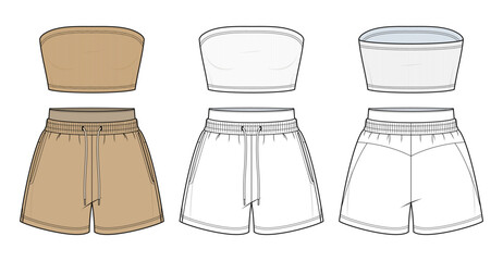 Ultra Cropped Knit Tube Top and Lounge Shorts Technical Fashion Illustration. Women’s Strapless Micro Bandeau Set Vector Template. Front and Back View Apparel CAD Mockup. © aiven studio