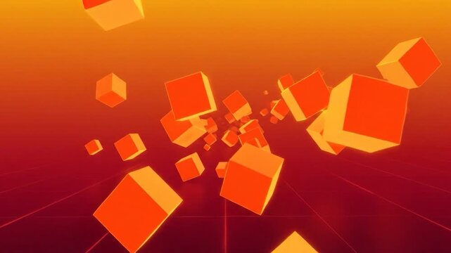 Abstract orange cubes floating in a digital space with grid lines