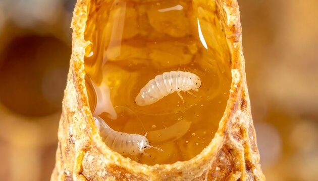 A close-up view of a honeycomb cell with larvae
