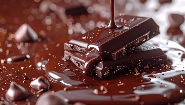 Melted chocolate flows around stacked chocolate bars on white surface