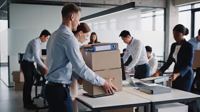 Office workers carrying boxes during relocation or moving day.
