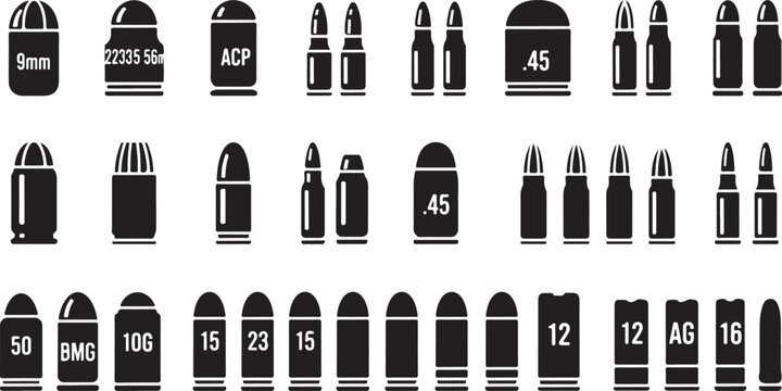 Set of 30 black silhouette bullet and cartridge icons vector, featuring various ammunition types like 9mm, .45 ACP, 12 gauge, and .50 BMG for military, hunting, and shooting sports designs.