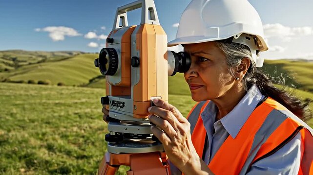 Surveyor woman using theodolite on a green hill during daytime.