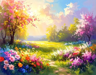 Naklejka premium Colorful springtime landscape with vibrant blossoms and sunlit path, evoking a sense of renewal and natural beauty, perfect for seasonal themes and serene imagery