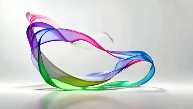 Abstract colorful ribbon sculpture on a reflective white surface