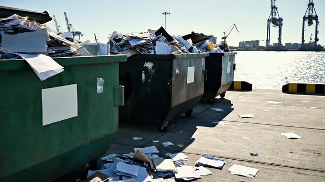 Overflowing dumpsters filled with paper waste at a sunlit industrial port