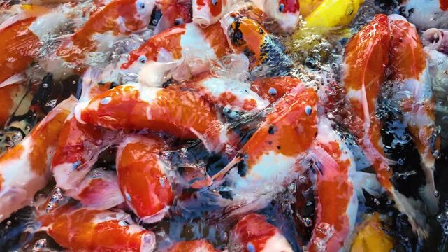 Numerous koi fish are crammed into the pond, waiting to be fed. Slow motion