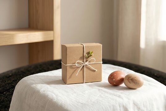 Minimalist Easter gift box with wooden eggs on white linen