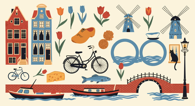 Amsterdam city icons flat design illustration for travel and culture