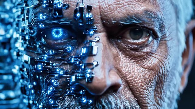 A close-up portrait of an elderly man with a cybernetic eye and metallic implants