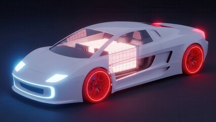 Naklejka premium Futuristic white sports car with glowing red wheels and blue lights