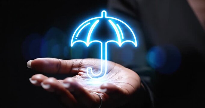 A hand holding a glowing blue umbrella symbol against a dark background, suggesting protection