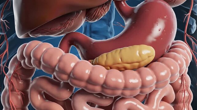 Detailed anatomical illustration of the human digestive system organs.