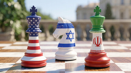 Naklejka premium Israel USA Iran Chess Pieces with Flags - International Relations and Diplomatic Tensions Concept