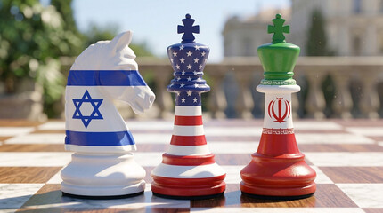 Naklejka premium Israel USA Iran Chess Pieces with Flags - International Relations and Diplomatic Tensions Concept