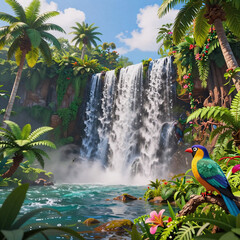 Fototapeta premium 3d game landscape wildlife. a tropical landscape with waterfall, lush greenery, and vibrant wildlife under a bright sky