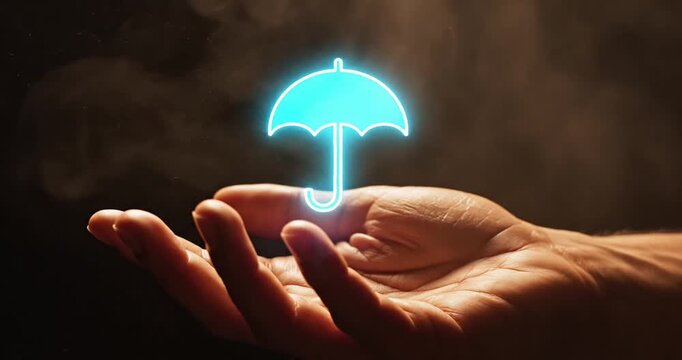 A glowing blue umbrella is held delicately in a hand against a smoky dark background