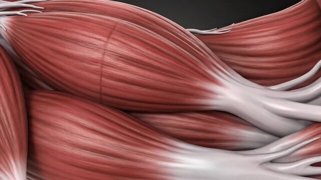 Detailed anatomical view of human muscle tissue and tendons.