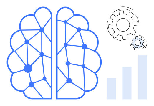 Artificial intelligence, data processing, machine learning, technology, neural networks, analytics. Blue digital brain outline with nodes, gears and bar graph. AI and data processing concept
