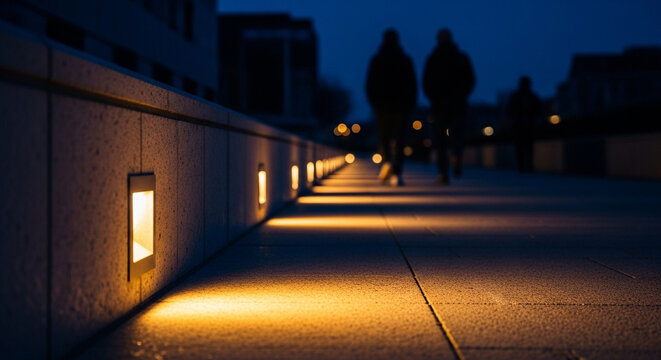 A low-angle shot of a modern urban pathway illuminated by warm recessed lights at dusk, with two blurred figures walking in the distance.