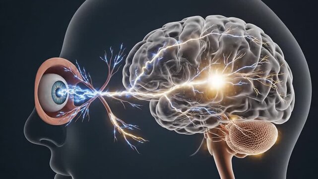Detailed illustration of the human eye and brain connection, showing neural pathways and sensory processing.