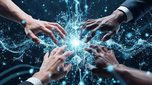 Four hands converge on a bright nexus of electric blue energy particles