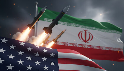 Missiles launching against backdrop of United States and Iran flags. Geopolitical tension, military confrontation and international conflict concept. War & Conflict