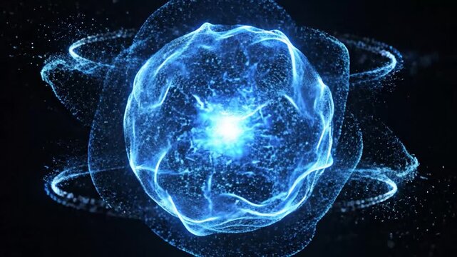 Abstract glowing energy sphere with swirling particles and light flares